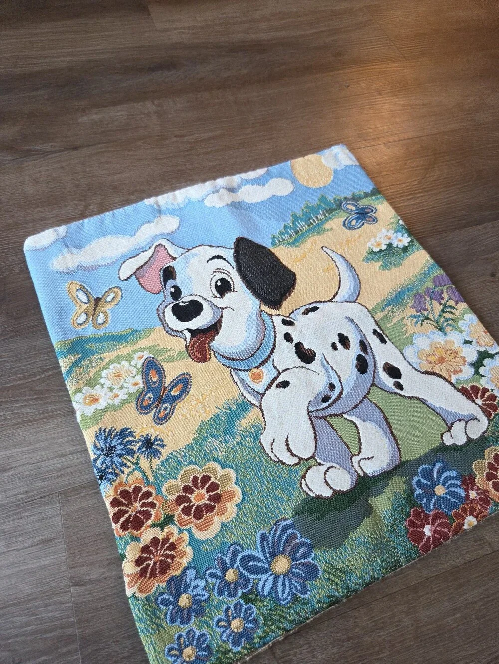 Vintage Disney 101 Dalmations Tapestry Throw Pillow Case, Butterfly & Flowers,